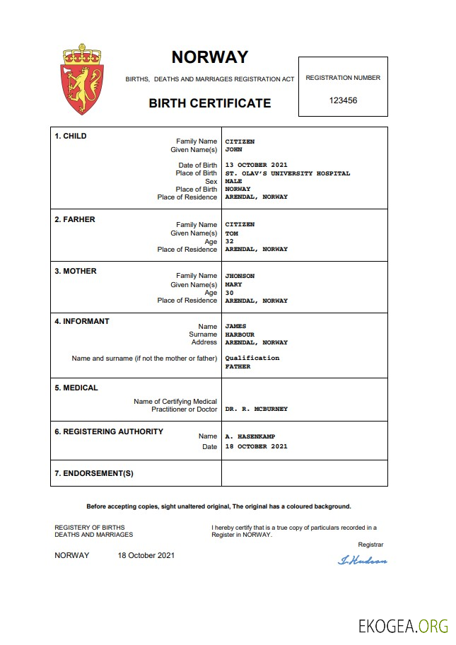 Modèle Word et PDF d'acte de naissance en Norvège